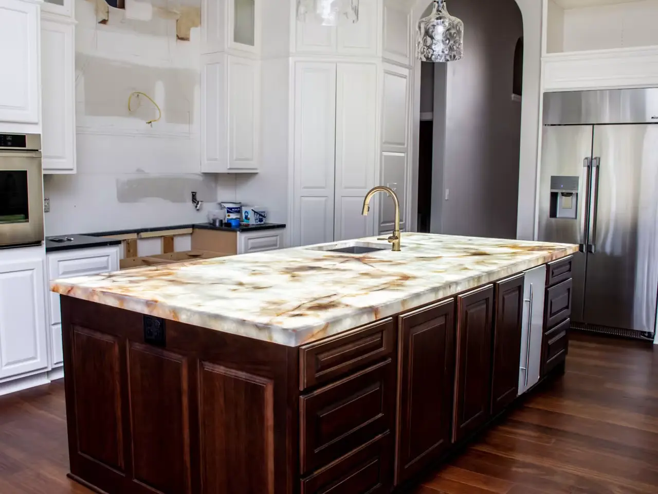 LED Light Sheet backlighting for translucent stone kitchen island