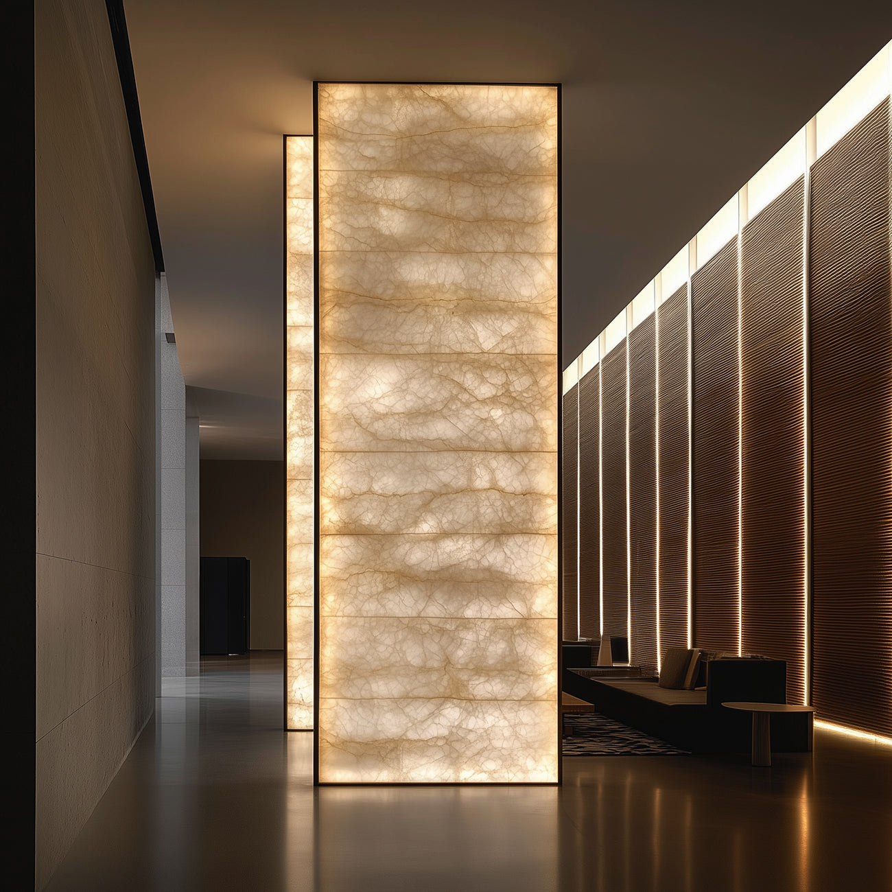 Backlit onyx look feature wall illuminated with LED light sheets