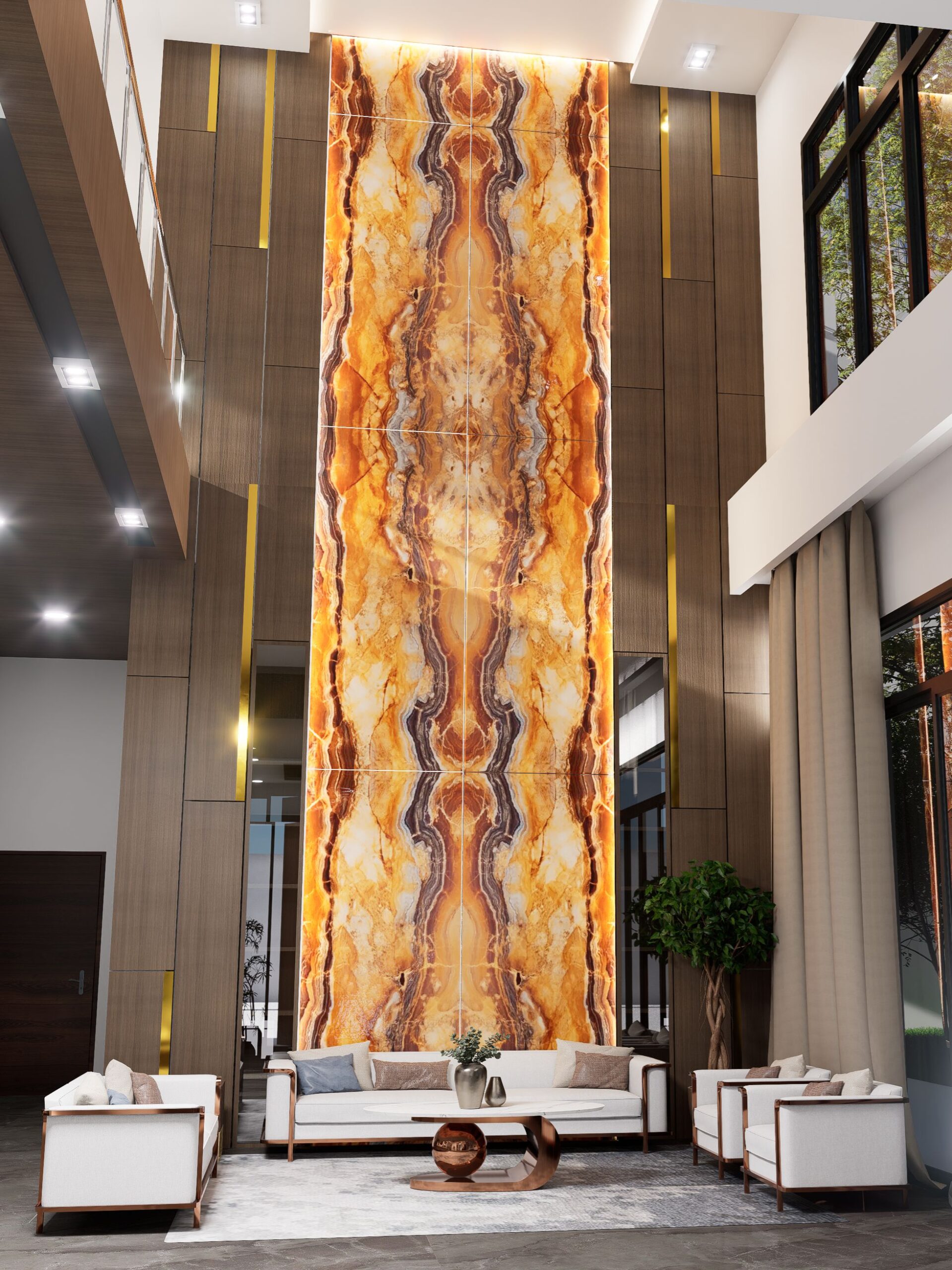 Commercial interior feature wall backlit with LED light sheets