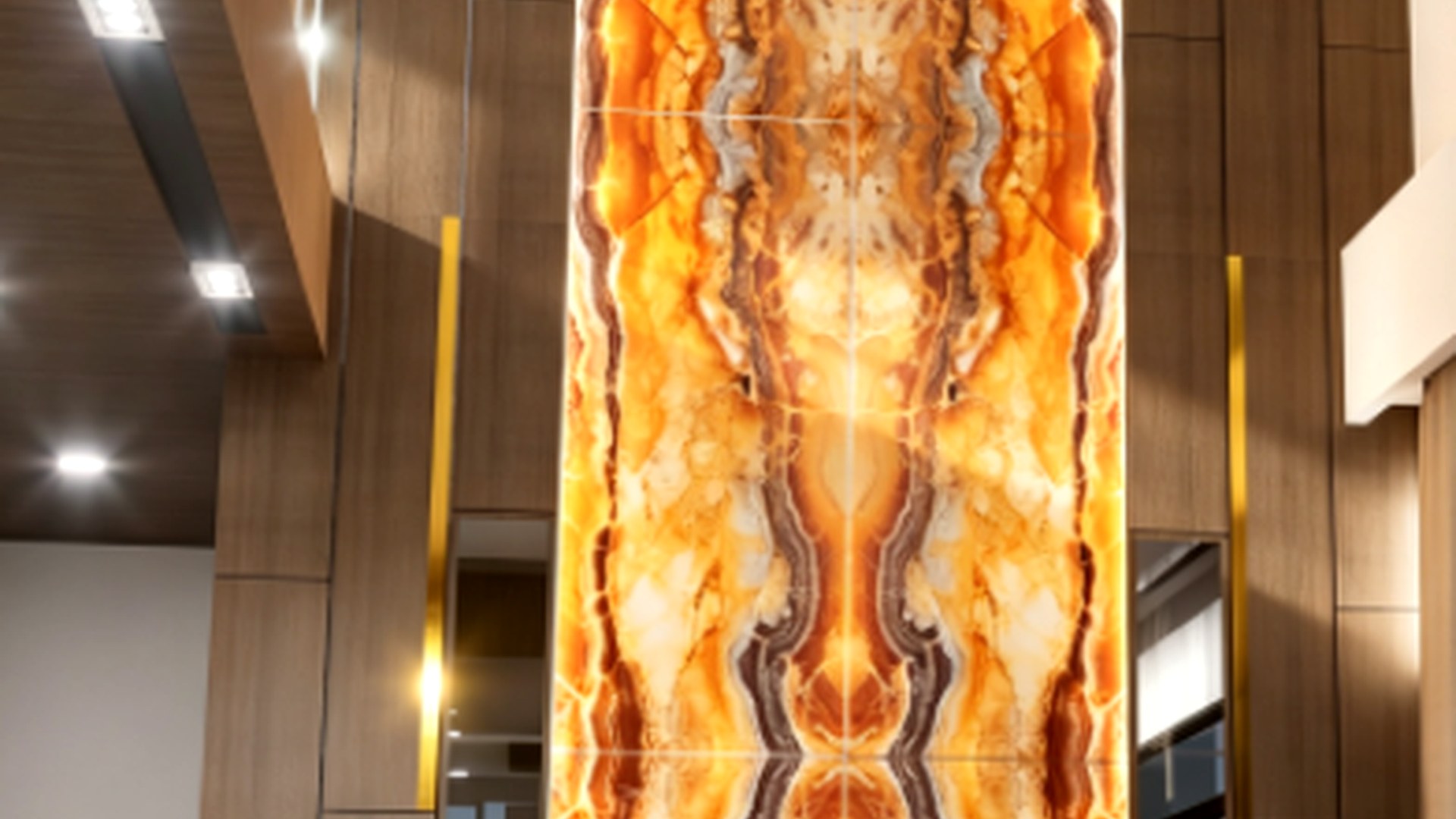 Dramatic LED light sheet backlit stone wall for architectural interiors